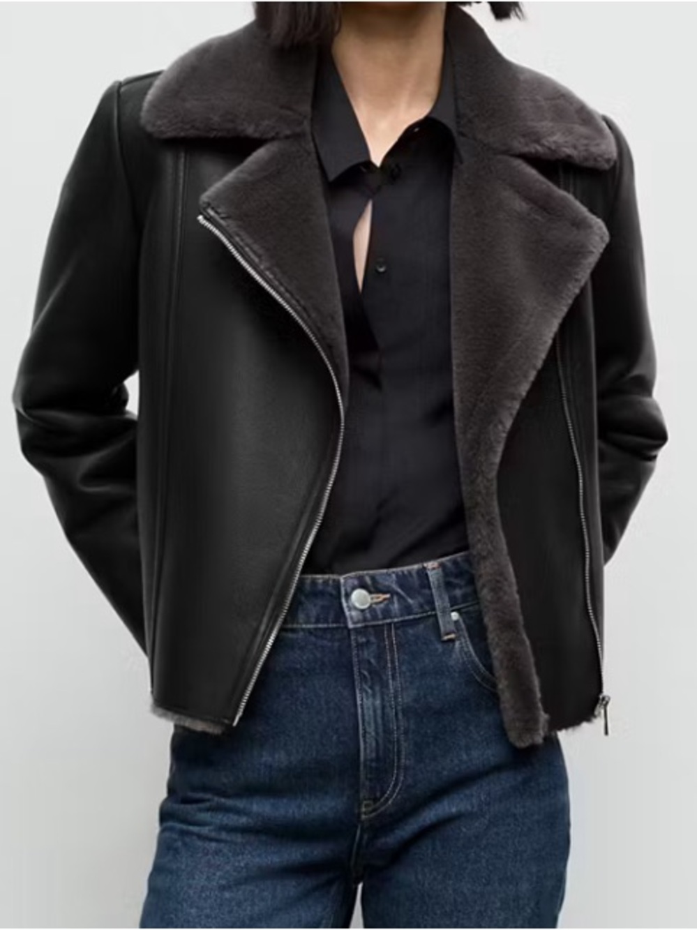 Mango Black Faux-Leather Jacket with Gray Shearling Collar FAUX-FUR BIKER JACKET